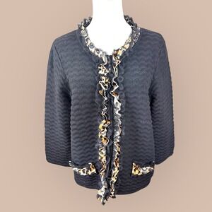 Chicos Black Textured Knit Cardigan Jacket Leopard Trim Ruffle Size 2